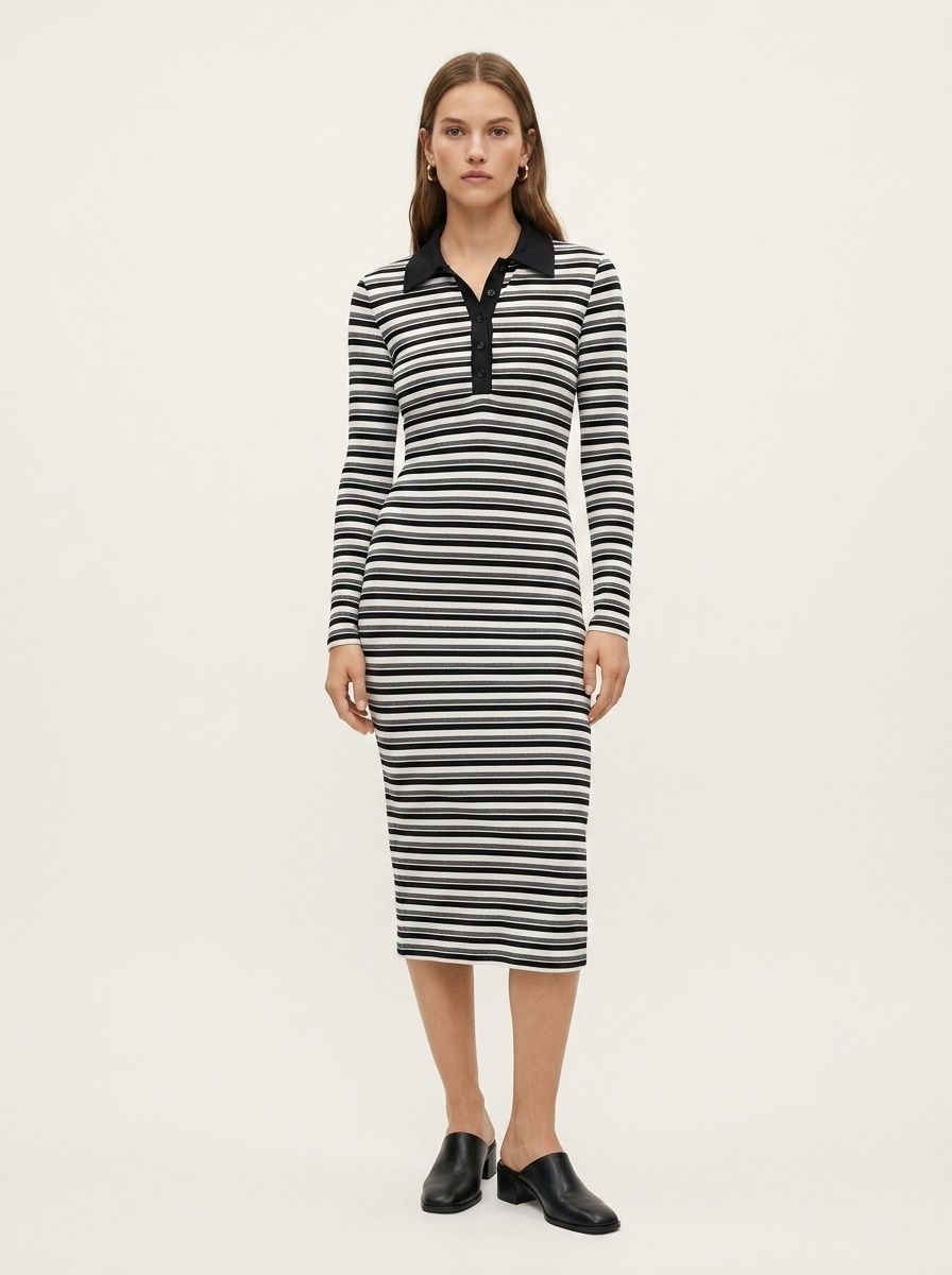 Striped Polo Midi Dress with Long Sleeves