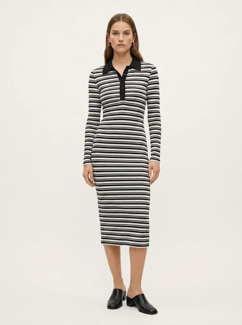 Striped Polo Midi Dress with Long Sleeves