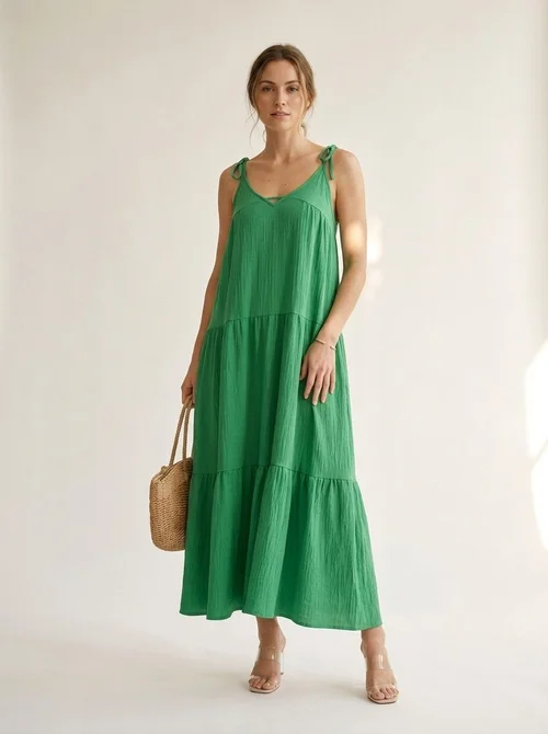 Abito lungo da donna a balze - Abito estivo ampio con scollo a V