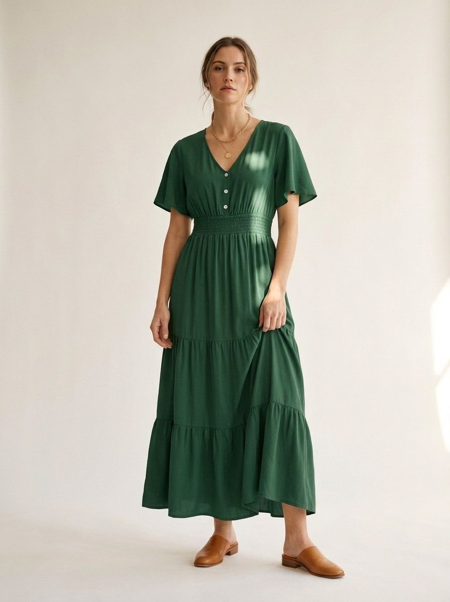 Smocked Waist Tiered Midi Dress - V-Neck Short Sleeve