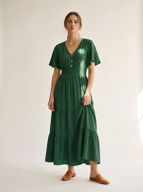 Smocked Waist Tiered Midi Dress - V-Neck Short Sleeve