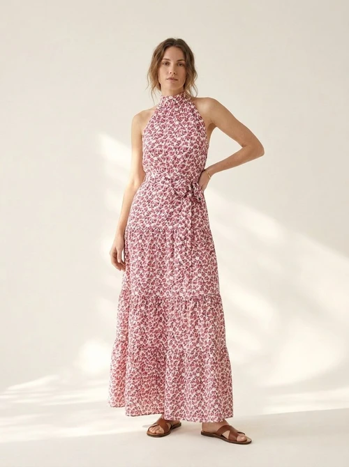 Women's Floral Halter Neck Midi Dress with Tie Waist