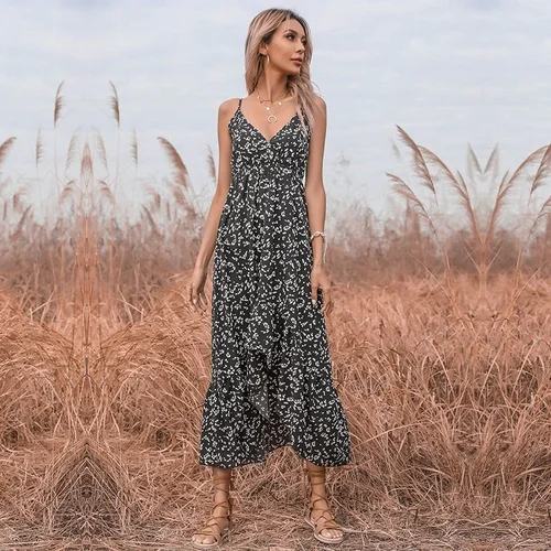 Vestido midi de tirantes finos con escote en V y estampado floral