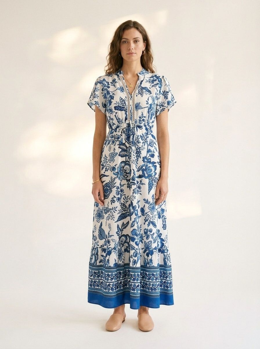 Boho Floral Print V-Neck Drawstring Midi Dress