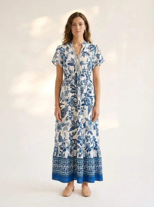 Boho Floral Print V-Neck Drawstring Midi Dress