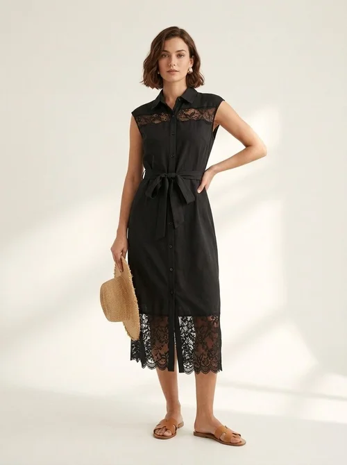 Elegant Black Lace Button-Front Belted Midi Dress