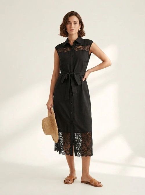 Elegant Black Lace Button-Front Belted Midi Dress