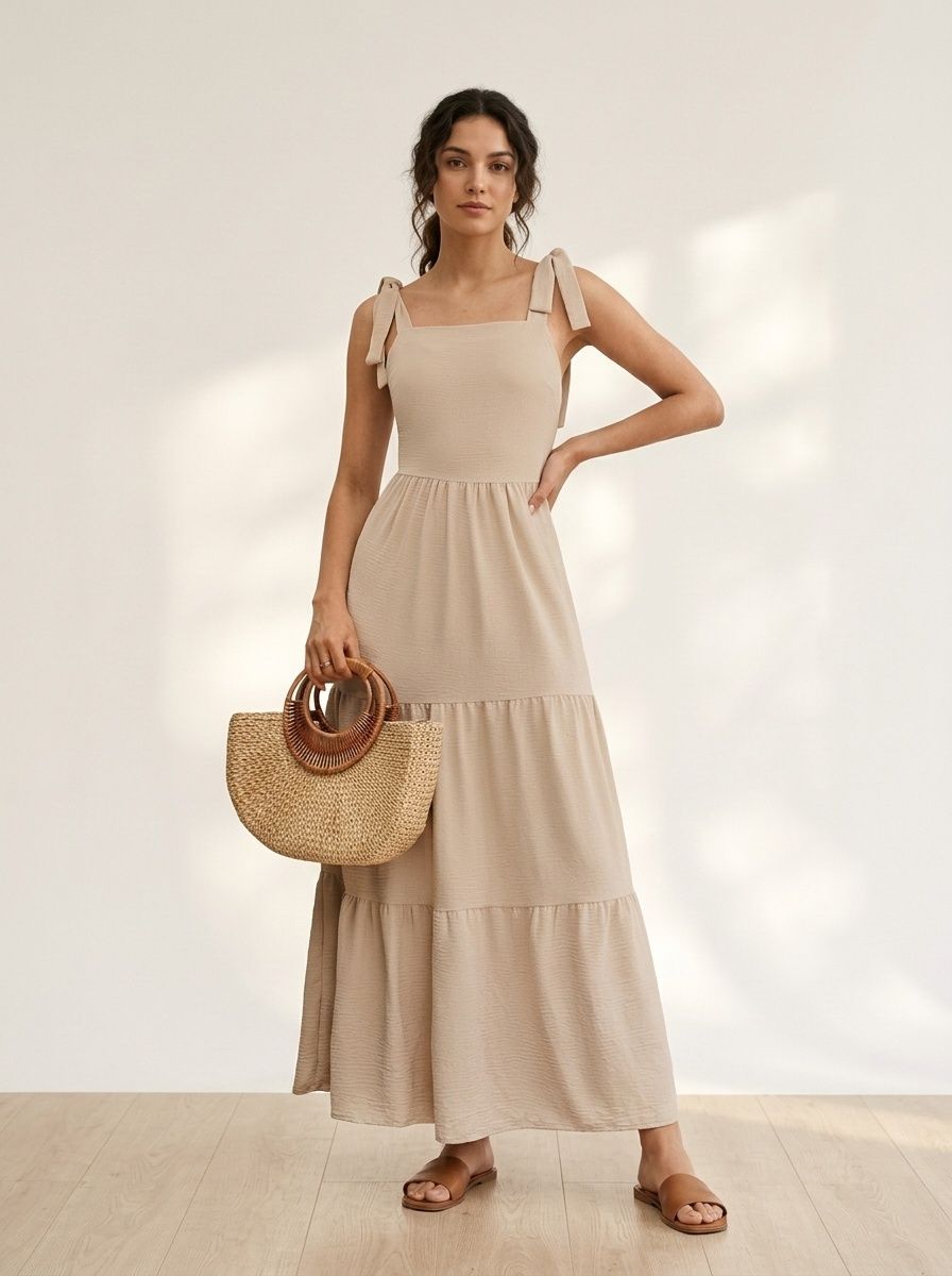 Boho Tie-Shoulder Tiered Maxi Dress for Women