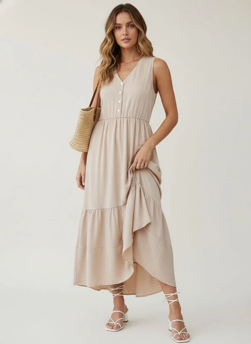 Beige Sleeveless V-Neck Tiered Maxi Dress - Summer Flowy