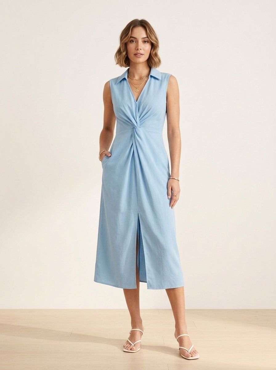 Light Blue Twist Front Sleeveless Midi Dress with Slit