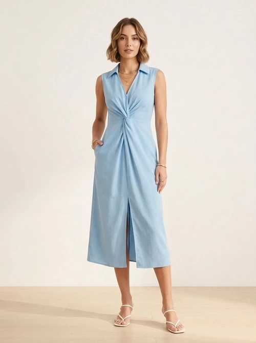 Light Blue Twist Front Sleeveless Midi Dress with Slit