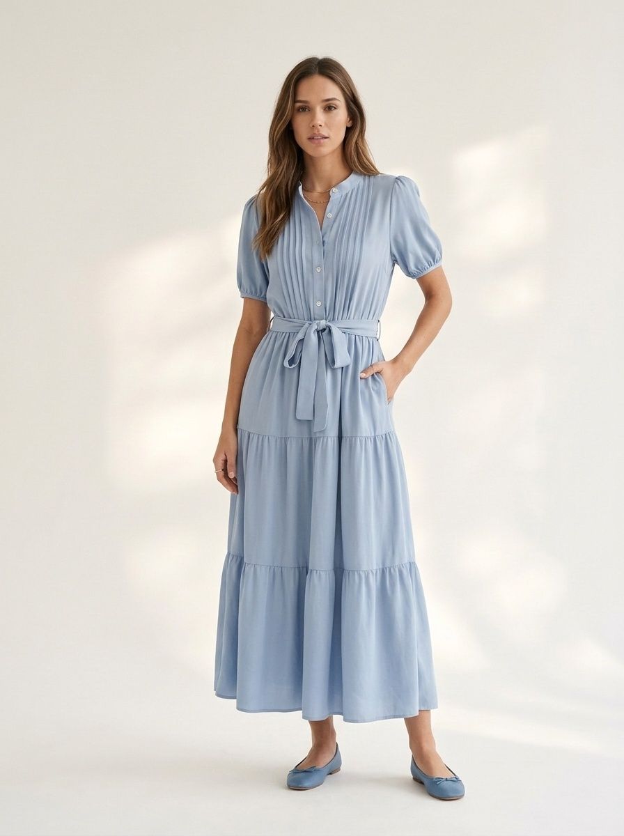 Elegant Light Blue Tiered Midi Dress with Belt