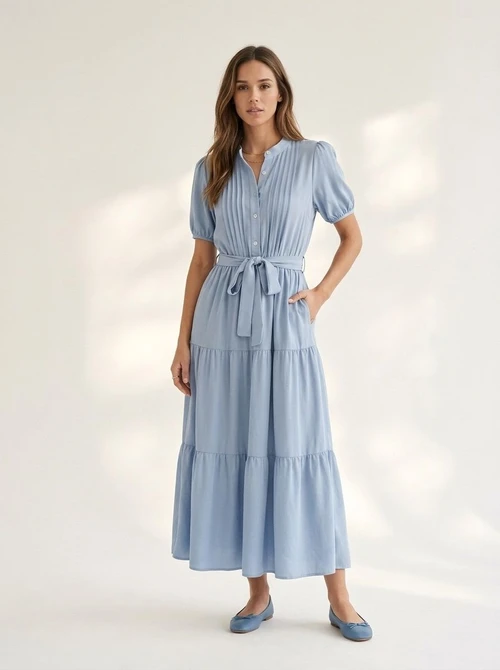 Elegant Light Blue Tiered Midi Dress with Belt