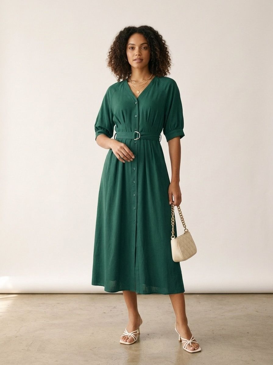 Dark Green Button-Down Belted Midi Dress