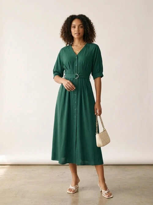 Dark Green Button-Down Belted Midi Dress