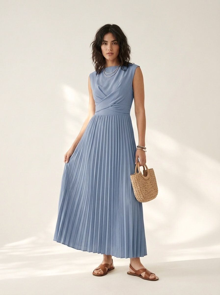Women's Light Blue Pleated Midi Dress - Sleeveless Summer