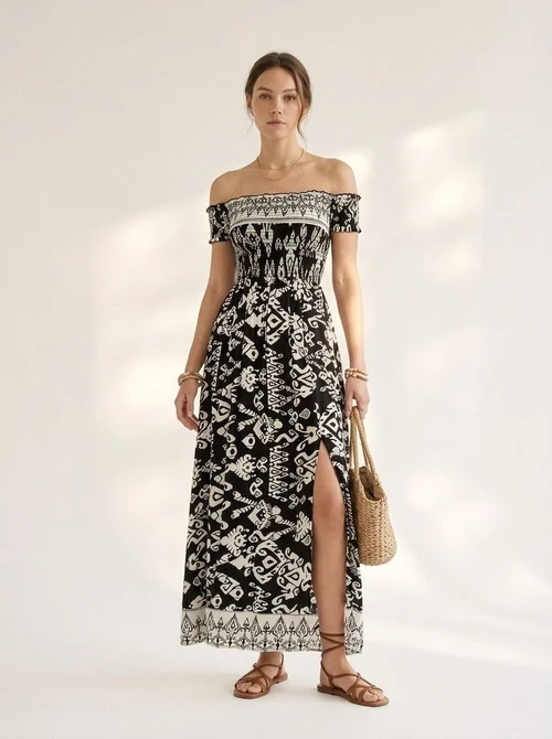 Boho Black & White Off-Shoulder Maxi Dress with Slit
