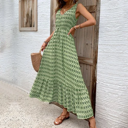 Boho Geometric Print V-Neck Sleeveless Maxi Dress