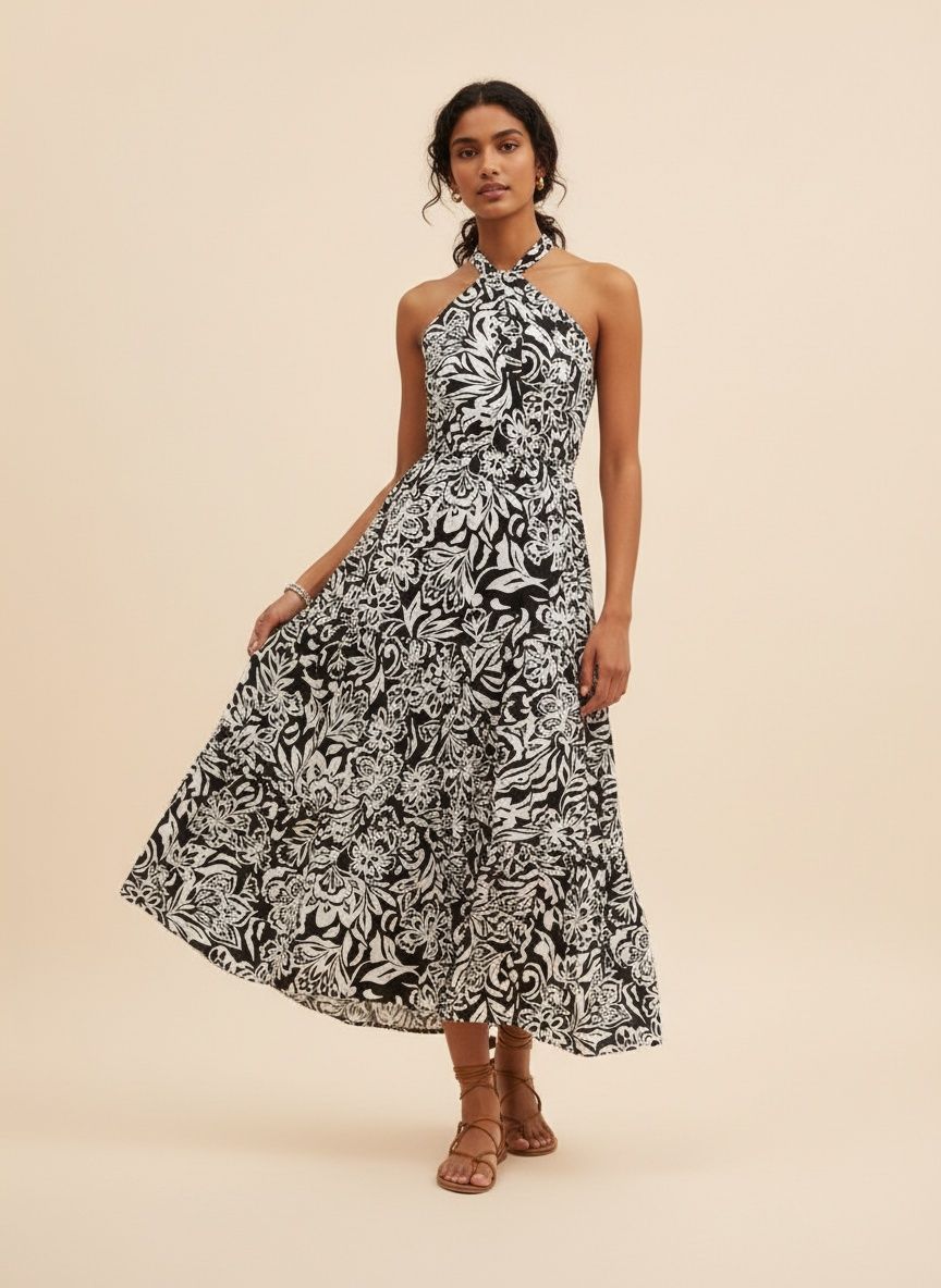 Robe midi à volants, col halter et taille smockée, imprimée de fleurs