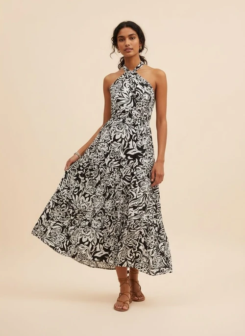 Robe midi à volants, col halter et taille smockée, imprimée de fleurs