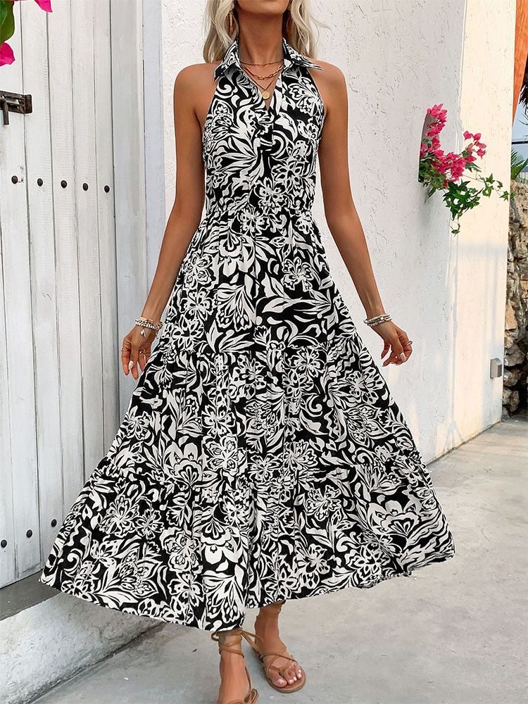 Vestido midi escalonado con cuello halter y cintura fruncida, estampado floral