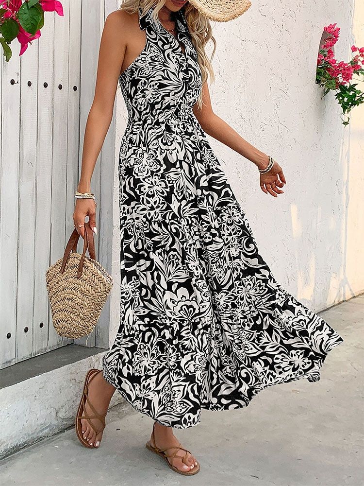 Vestido midi escalonado con cuello halter y cintura fruncida, estampado floral