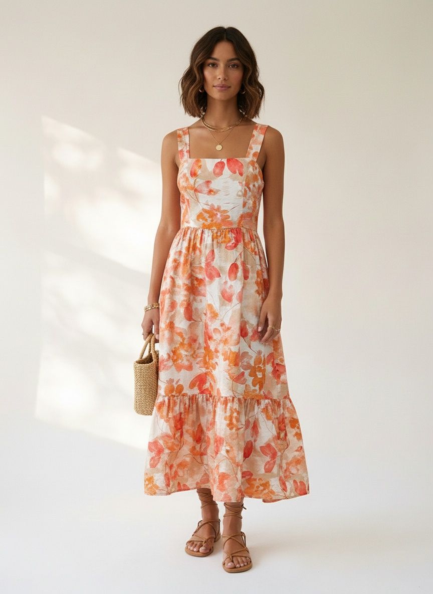 Abito lungo boho a balze con stampa floreale e schiena incrociata