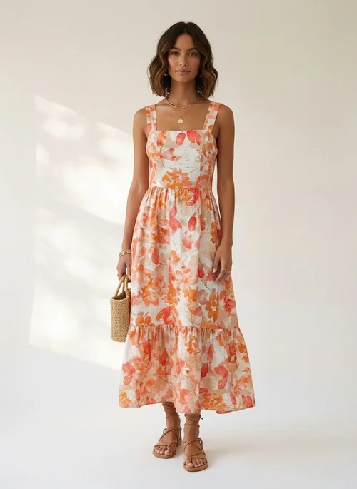 Abito lungo boho a balze con stampa floreale e schiena incrociata