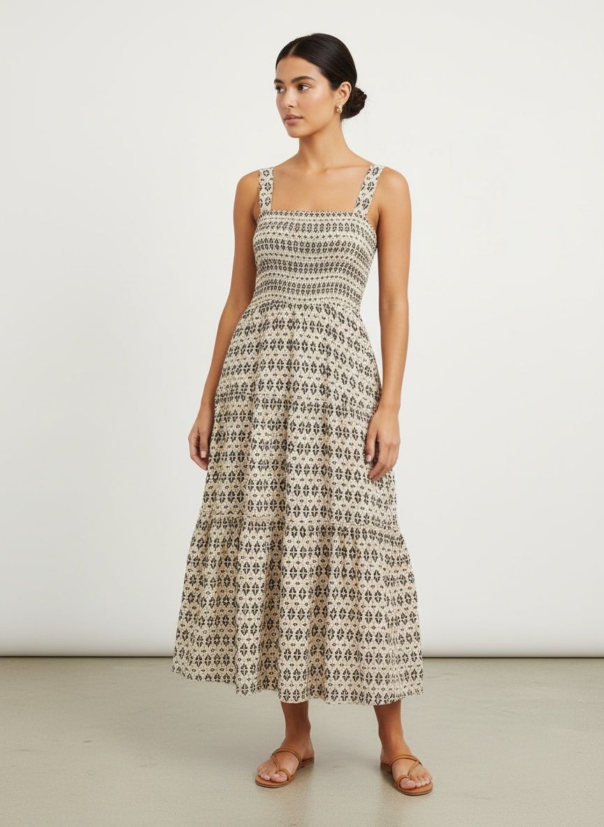 Robe midi bohème à smocks et volants - Imprimé beige et noir