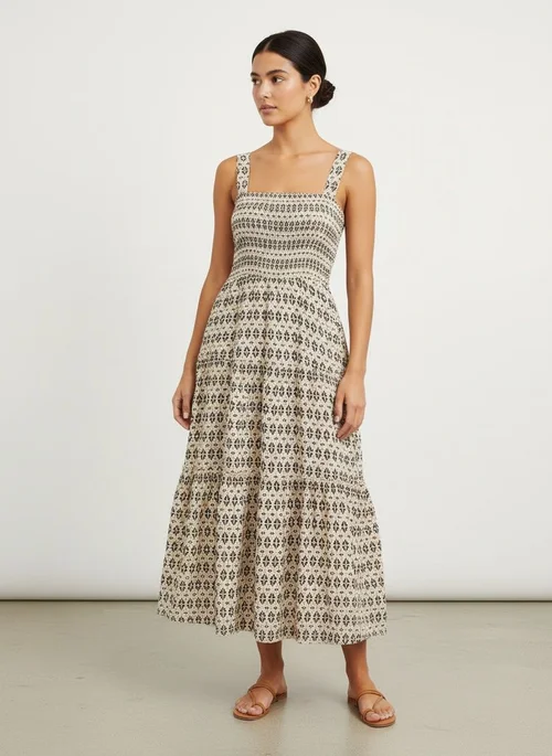 Boho Smocked Tiered Midi Dress - Beige Black Print