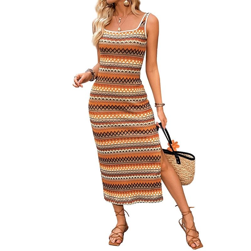 Vestido midi de punto a rayas estilo bohemio con abertura lateral