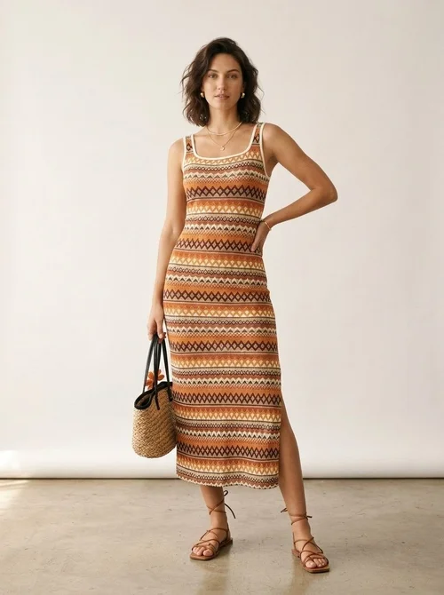 Boho Striped Knit Midi Dress with Side Slit