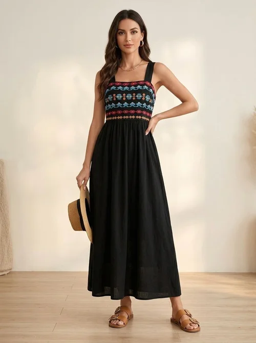 Boho Embroidered Black Maxi Dress with Slit