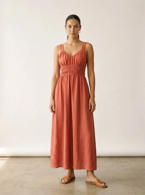 Women's Smocked A-Line Midi Sundress with Tie Back