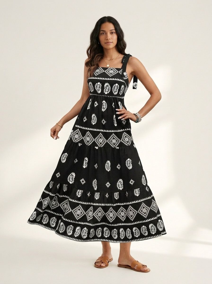 Robe longue bohème noire et blanche à bretelles nouées et à volants