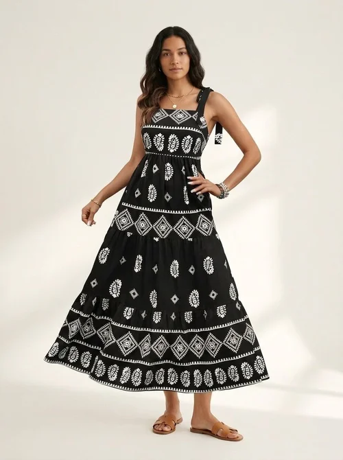 Black & White Bohemian Tie-Shoulder Tiered Maxi Dress