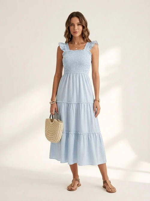 Robe midi rayée à volants et smocks