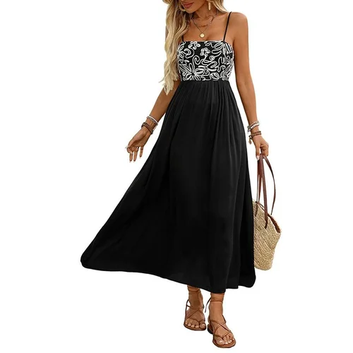 Women's Black Floral Embroidered Smocked Midi Dress