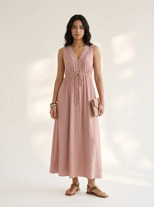 Sleeveless V-Neck Drawstring Midi Dress with Pockets