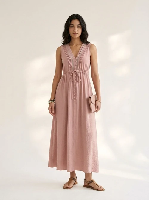 Robe midi sans manches à col en V et cordon de serrage avec poches
