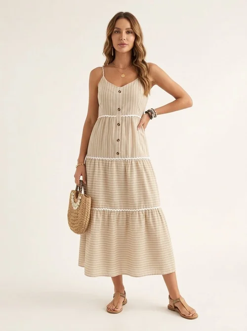 Beige Striped Tiered Maxi Dress