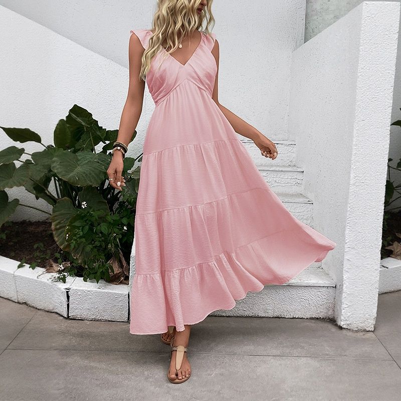 Vestido largo bohemio con escote en V y volantes escalonados - Estilo veraniego fluido