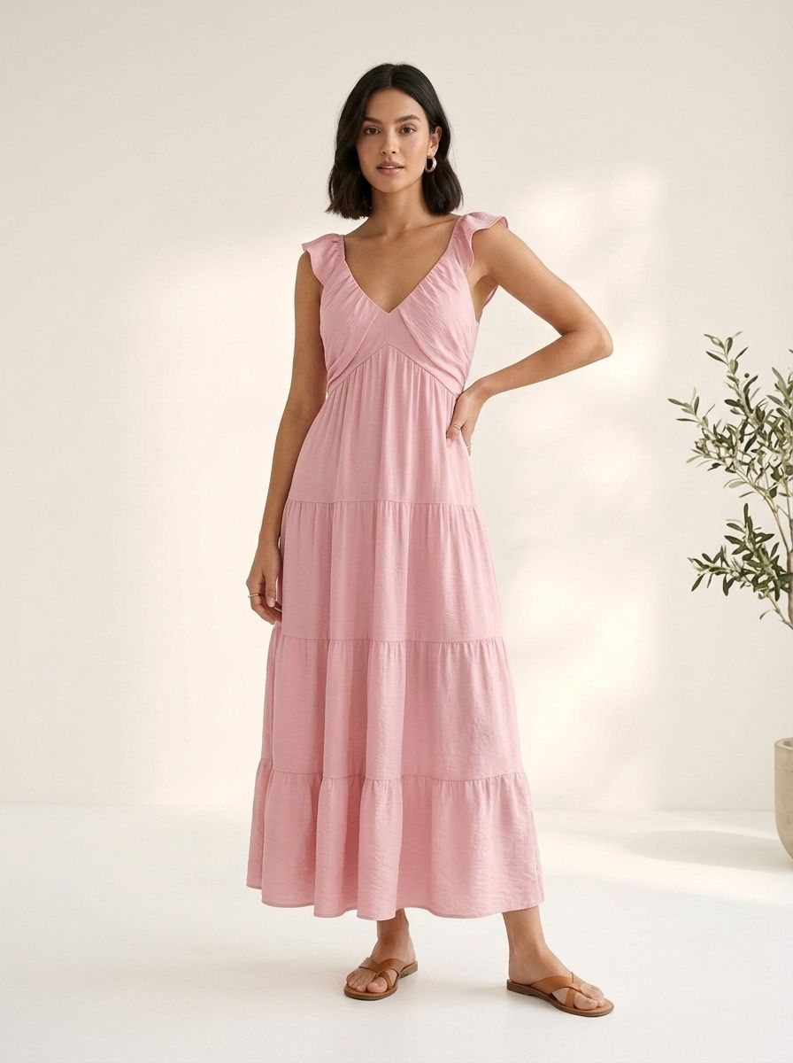 Vestido largo bohemio con escote en V y volantes escalonados - Estilo veraniego fluido