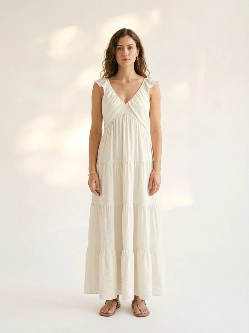Robe longue bohème à volants étagés et col en V - Fluide d'été