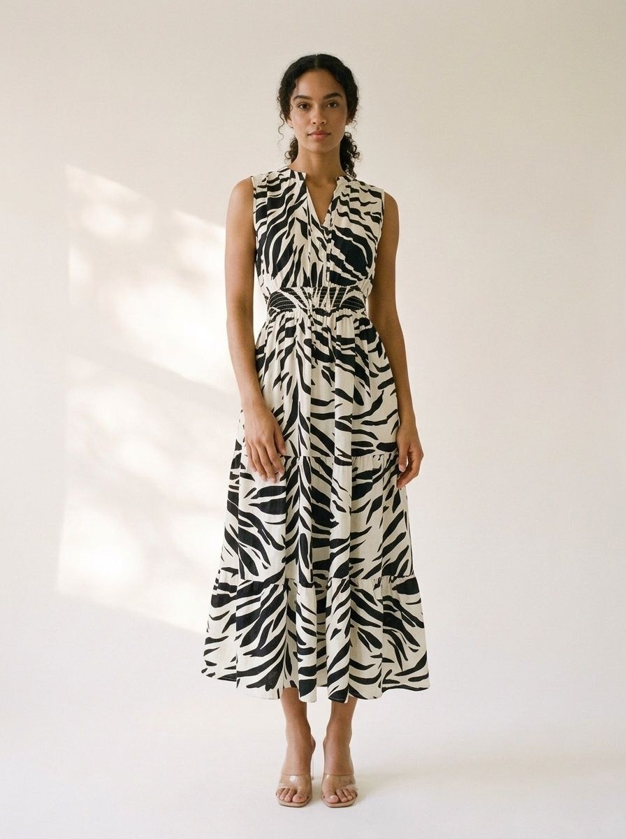 Robe midi sans manches à imprimé zèbre et poches - Style bohème d'été