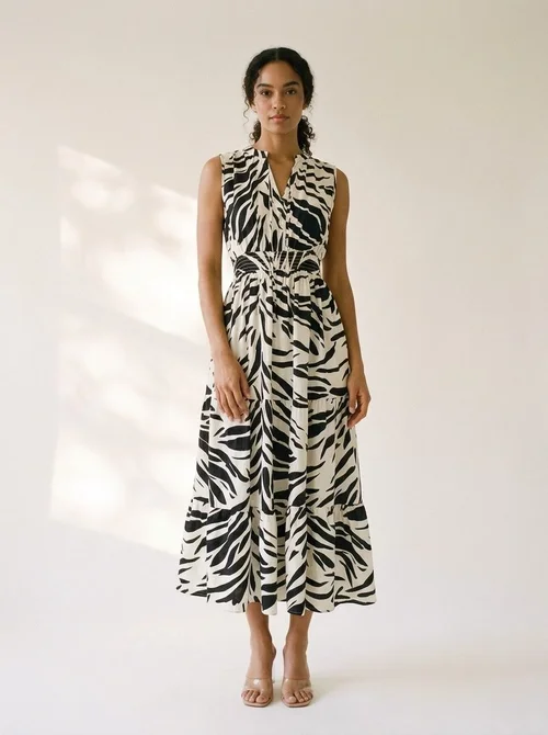 Zebra Print Sleeveless Midi Dress with Pockets - Summer Boho