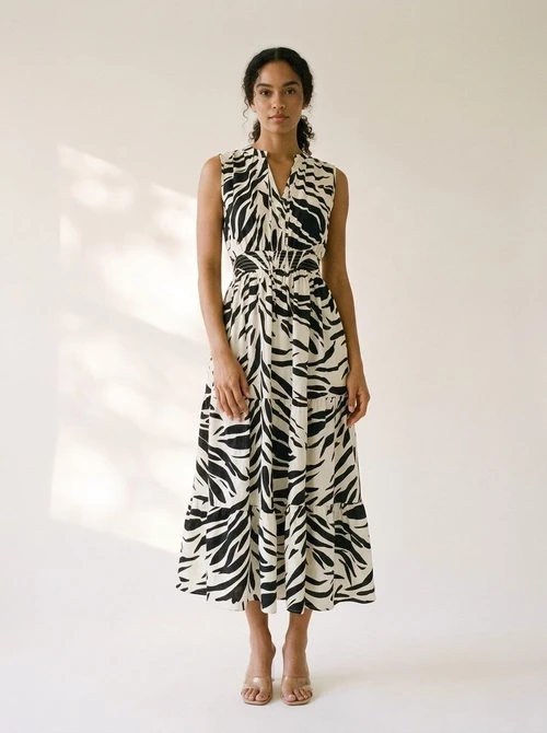 Robe midi sans manches à imprimé zèbre et poches - Style bohème d'été