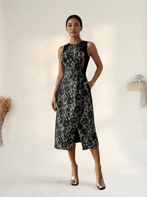 Elegant Black & White Lace Sleeveless Midi Dress