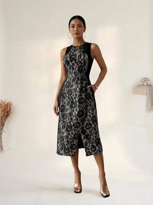 Robe midi élégante sans manches en dentelle noire et blanche