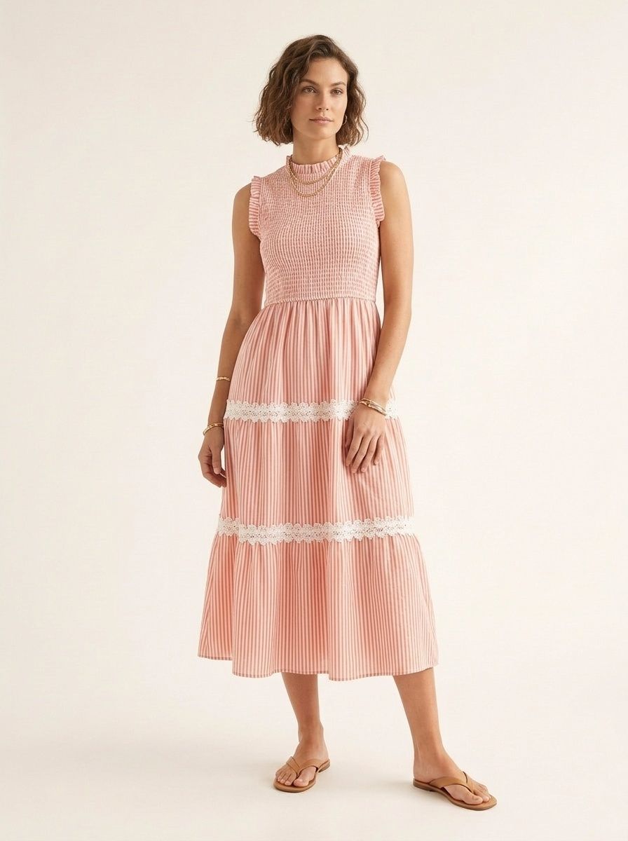 Vestido midi escalonado con fruncido y rayas para mujer